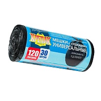 Мешки для мусора 120 л, с ушками, черные, в рулоне 30 шт., ПНД, 15 мкм, 1100х700 мм, Крепак, 4607075710375 в Сыктывкаре